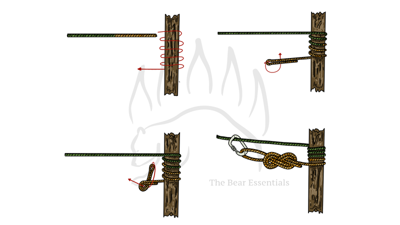 Tensionless hitch knot tied with carabiner on pole using rope wraps.