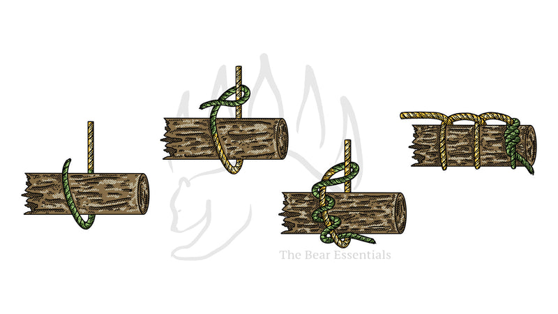 Step-by-step illustration showing how to tie the Timber Hitch knot on a log.