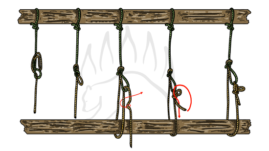 Trucker’s hitch with inline figure eight knots securing rope to wooden frame