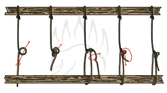 Step-by-step diagram showing how to tie the Trucker's Hitch with a Slip Knot, with red arrows marking each stage from the mid-line slip knot loop to the final tensioned tie-off.