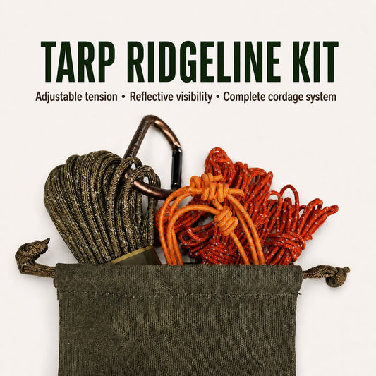 Tarp Ridgeline Kit with reflective brown ridgeline, orange guylines, bungee Prusik loops, carabiner and waxed-canvas bag