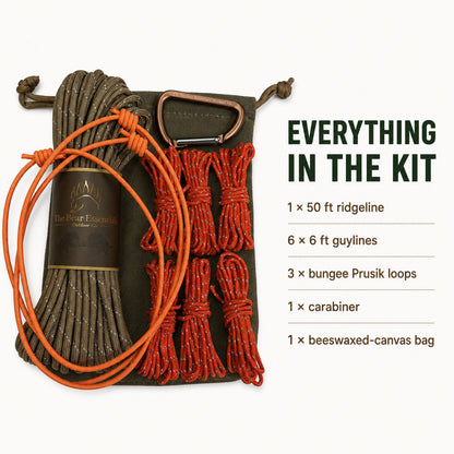 Complete Tarp Ridgeline Kit contents including 50 ft ridgeline, six guylines, three Prusik loops, carabiner and bag