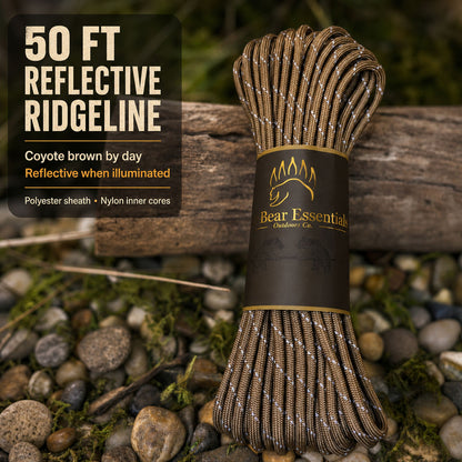 50 ft reflective coyote-brown Bushcraft Paracord for tarp ridgeline setups
