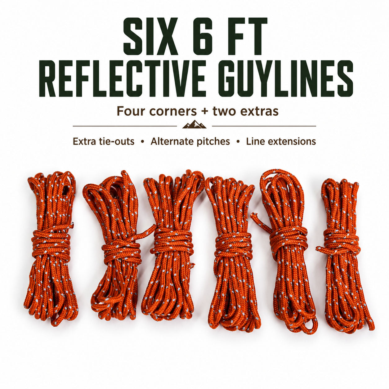 Six 6 ft reflective-orange guylines for tarp corners, pull-outs and line extensions