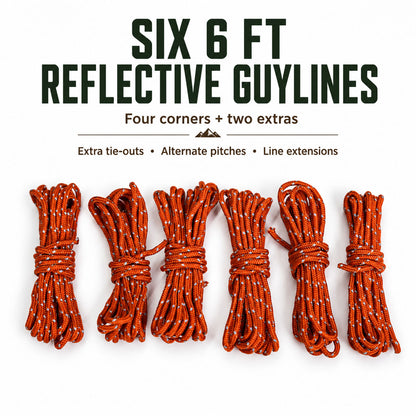 Six 6 ft reflective-orange guylines for tarp corners, pull-outs and line extensions