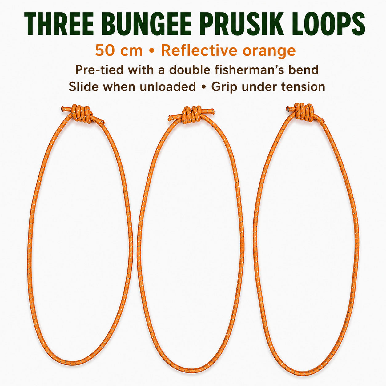 Three reflective-orange bungee Prusik loops pre-tied with double fisherman's knots