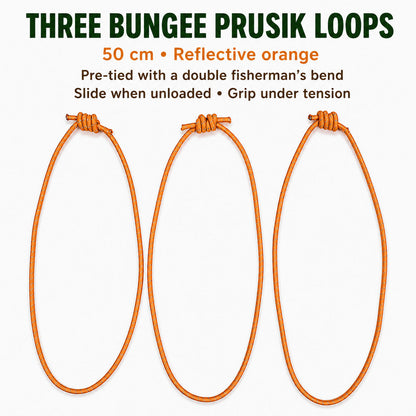 Three reflective-orange bungee Prusik loops pre-tied with double fisherman's knots