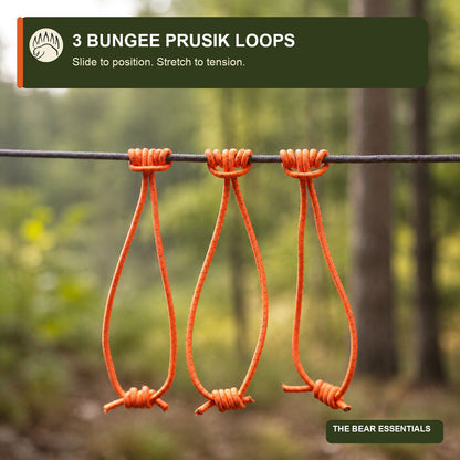 Bungee Prusik loop wrapped around a tarp ridgeline for sliding adjustment and tension