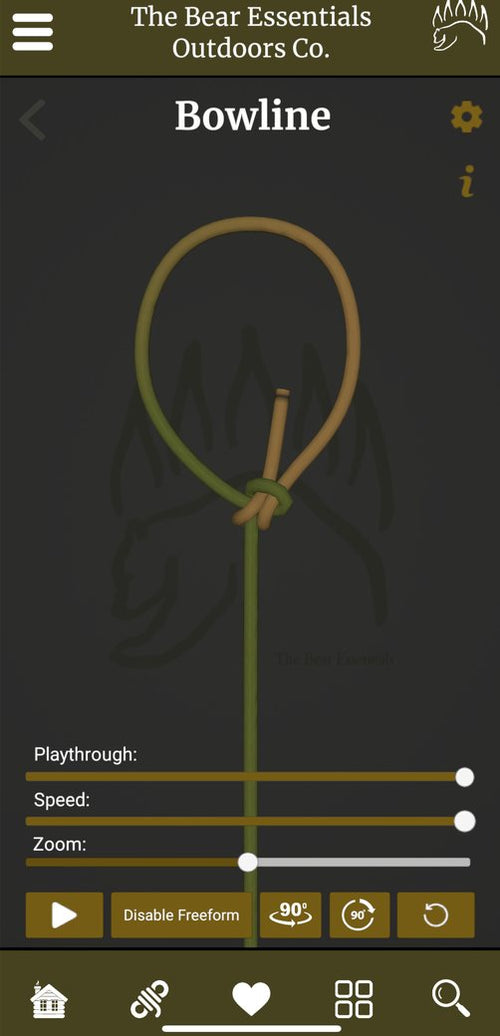The Knot IQ app on a phone, showing a bowline as a rotatable 3D model.