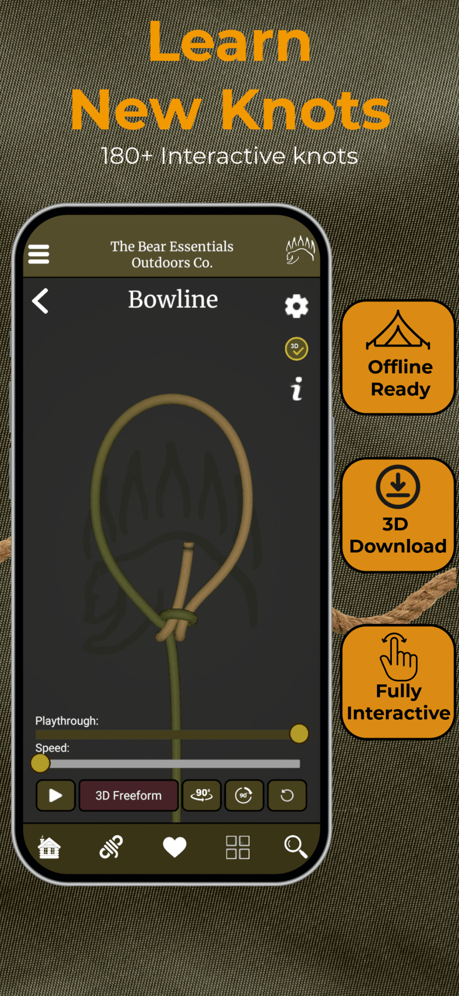 Knot IQ 3D App – Knot Tying Companion Kits - The Bear Essentials Outdoors Co., Large Top 10 Knot Reference Card Only (No ropes or kit), ,