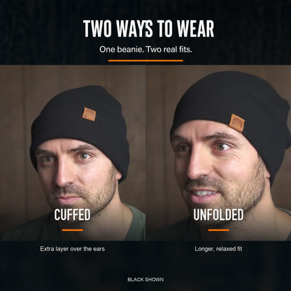 man showing a folded and unfolded black beanie
